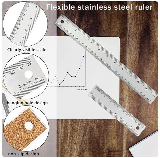 Alt view image 3 of 7 - Metal Ruler 6 Inch 12 Inch Stainless Steel Metal Ruler with Cork Backing, Non-Slip Rulers with Inch and Centimeters, Straight Edge Cork Base Rulers for Student School Office Drafting Tools