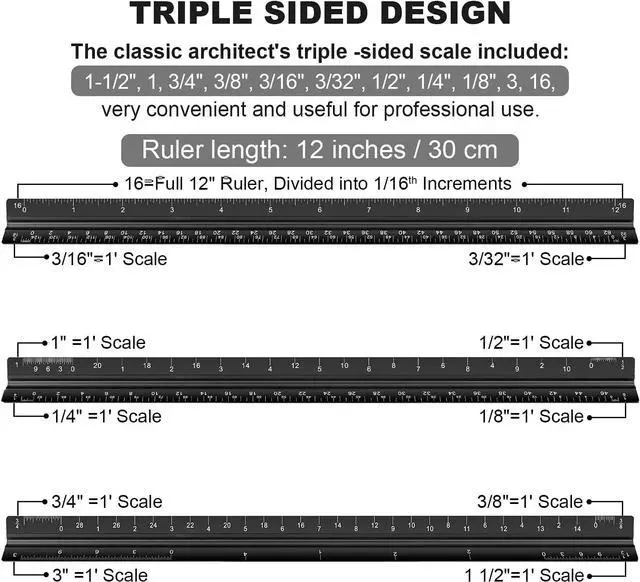 Alt view image 2 of 6 - Architectural Scale Ruler Set, 2 Pack 12 Inch Aluminum Architect Ruler with Standard Metal Ruler, Imperial Architect Triangular Ruler with Etching for Architects, Engineers, Students and Draftsman