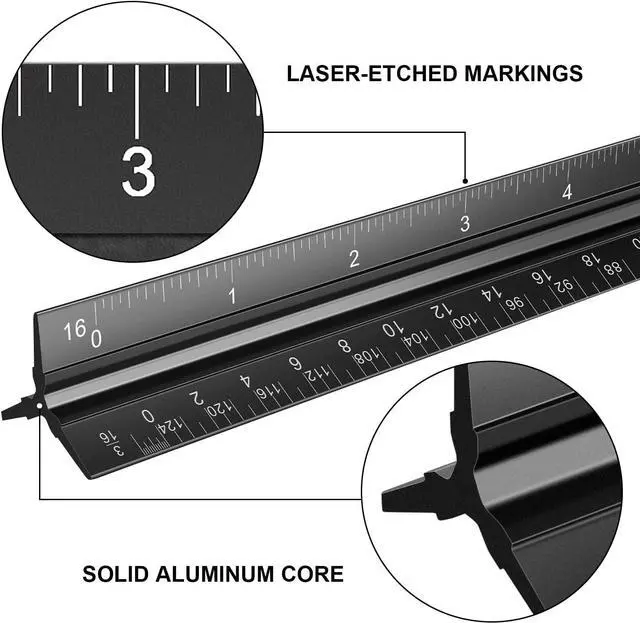 Alt view image 3 of 6 - Architectural Scale Ruler Set, 2 Pack 12 Inch Aluminum Architect Ruler with Standard Metal Ruler, Imperial Architect Triangular Ruler with Etching for Architects, Engineers, Students and Draftsman