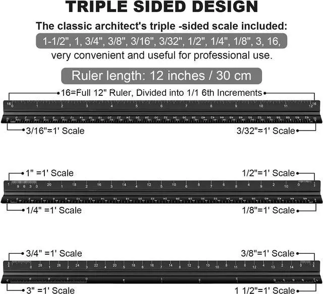 Alt view image 2 of 6 - Architectural Scale Ruler, 12 Inch Aluminium Architect Scale Ruler, Imperial Metal Engineers Triangular Ruler for Architects, Students and Draftsmen, Laser Etched Markings