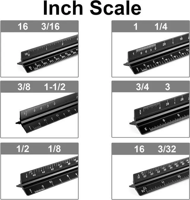 Alt view image 4 of 6 - Architectural Scale Ruler, 12 Inch Aluminium Architect Scale Ruler, Imperial Metal Engineers Triangular Ruler for Architects, Students and Draftsmen, Laser Etched Markings