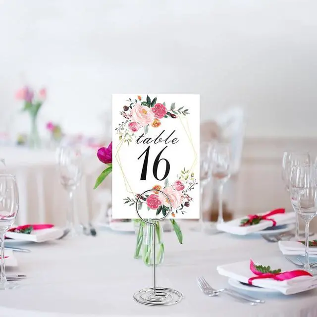 Alt view image 2 of 7 - 26 PCS Table Number Holder - Table Card Holder Stand Wire Photo Holder with 26 Pcs Floral Table Number Cards, Place Card Holder Stand for Weddings Party Office Paper Memo Menu Note Clips