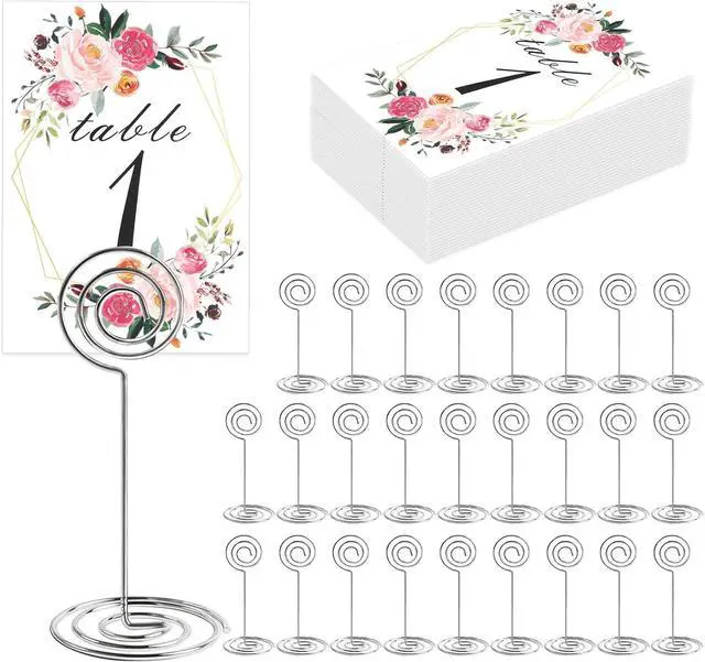 Main image of 26 PCS Table Number Holder - Table Card Holder Stand Wire Photo Holder with 26 Pcs Floral Table Number Cards, Place Card Holder Stand for Weddings Party Office Paper Memo Menu Note Clips