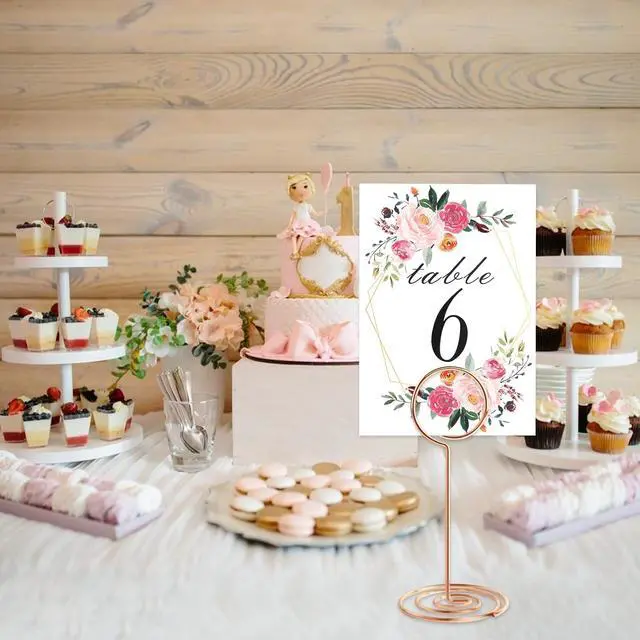 Alt view image 3 of 7 - 26 PCS Table Number Holder - Table Card Holder Stand Wire Photo Holder with 26 Pcs Floral Table Number Cards, Place Card Holder Stand for Weddings Party Office Paper Memo Menu Note Clips
