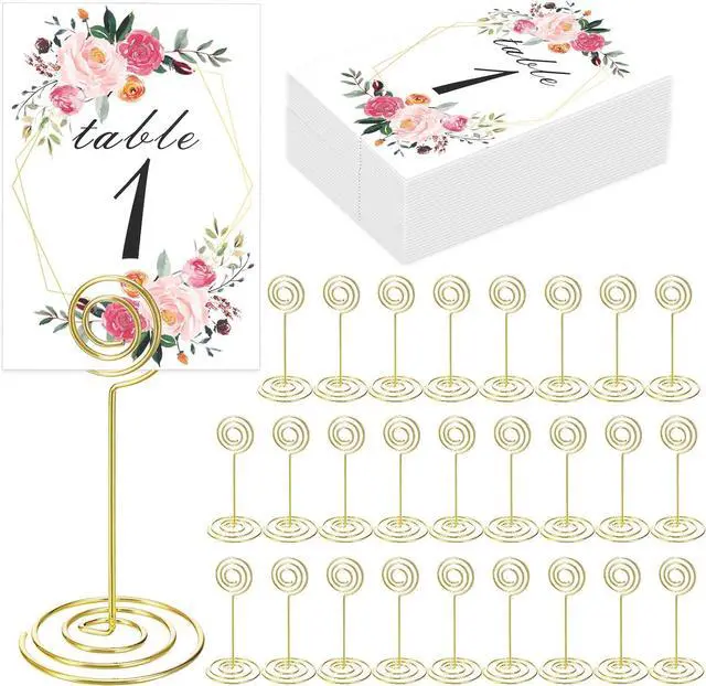 Main image of 26 PCS Table Number Holder - Card Stand Wire Photo with Floral Cards, Place for Weddings Party Office Paper Memo Menu Note Clips, Gold