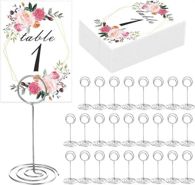Main image of 26 PCS Table Number Holder - Table Card Holder Stand Wire Photo Holder with 26 Pcs Floral Table Number Cards, Place Card Holder Stand for Weddings Party Office Paper Memo Menu Note Clips