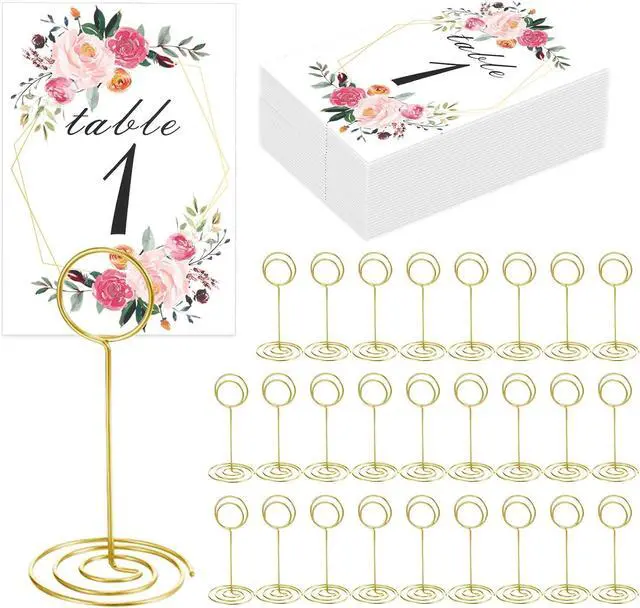 Main image of 26 PCS Table Number Holder - Table Card Holder Stand Wire Photo Holder with 26 Pcs Floral Table Number Cards, Place Card Holder Stand for Weddings Party Office Paper Memo Menu Note Clips