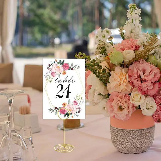 Alt view image 2 of 7 - 26 PCS Table Number Holder - Table Card Holder Stand Wire Photo Holder with 26 Pcs Floral Table Number Cards, Place Card Holder Stand for Weddings Party Office Paper Memo Menu Note Clips