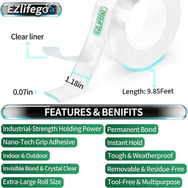 Alt view image 2 of 7 - EZlifego Heavy Duty Invisible Bond Nano Double Sided Mounting Tape, 9.85FT