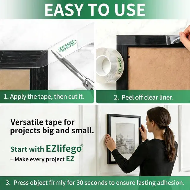 Alt view image 6 of 7 - EZlifego Heavy Duty Invisible Bond Nano Double Sided Mounting Tape, 9.85FT