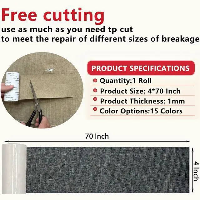 Alt view image 4 of 7 - Gheeidau Linen Repair Tape 4x70 Inch Self-Adhesive Couch Patch Repair Fabric Patch for Furniture,Sofas,Cushion,Chairs,Bags,Linen Goods(Dark Grey)