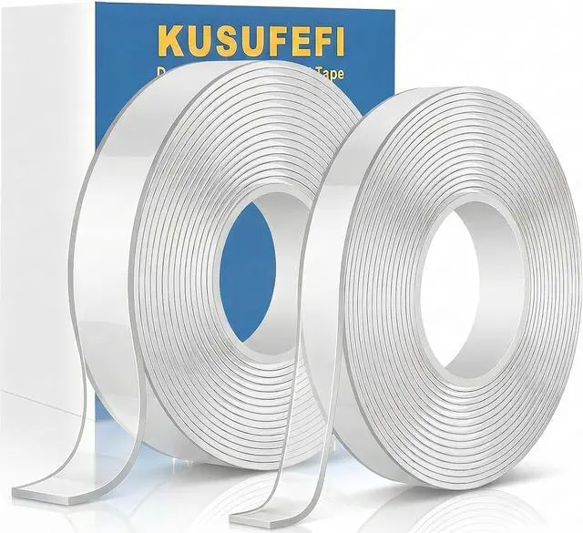 Main image of KUSUFEFI Double Sided Adhesive tape Heavy Duty, Double Stick Mounting (2 Rolls, Total 20FT), Clear Two Sided Wall tape Strips, Removable Poster tape for Home, Office, Car, Outdoor Use