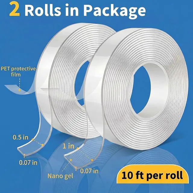 Alt view image 2 of 7 - KUSUFEFI Double Sided Adhesive tape Heavy Duty, Double Stick Mounting (2 Rolls, Total 20FT), Clear Two Sided Wall tape Strips, Removable Poster tape for Home, Office, Car, Outdoor Use