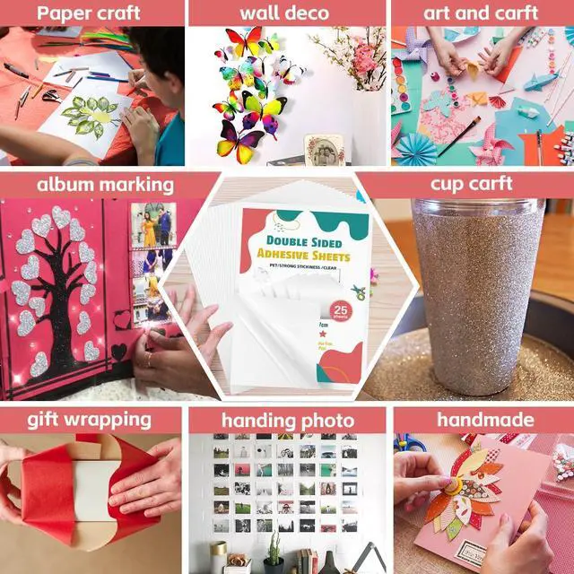 Alt view image 6 of 6 - 25 Sheets Clear Double Sided Adhesive Tape - Heavy Duty Sticky Crafts Tape Sheets for DIY Art, Tumbler Wrapping, Home Decoration, Scrapbooking (Strong & Removable)