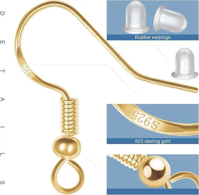 Alt view image 3 of 7 - 925 Sterling Gold Earring Hooks 120 PCS/60 Pairs, Ear Wires Fish Hooks