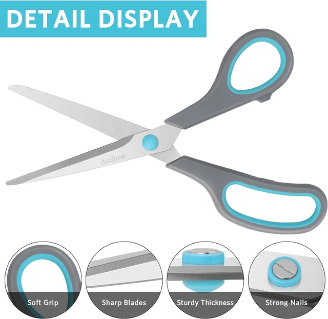 Alt view image 4 of 7 - Asdirne 8.5" Scissors, Stainless Steel Blades, Soft Grip Handle, Suitable for Households,Offices and Schools, All Purpose, Blue/Grey