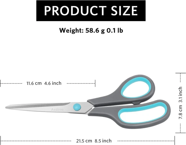 Alt view image 5 of 7 - Asdirne 8.5" Scissors, Stainless Steel Blades, Soft Grip Handle, Suitable for Households,Offices and Schools, All Purpose, Blue/Grey