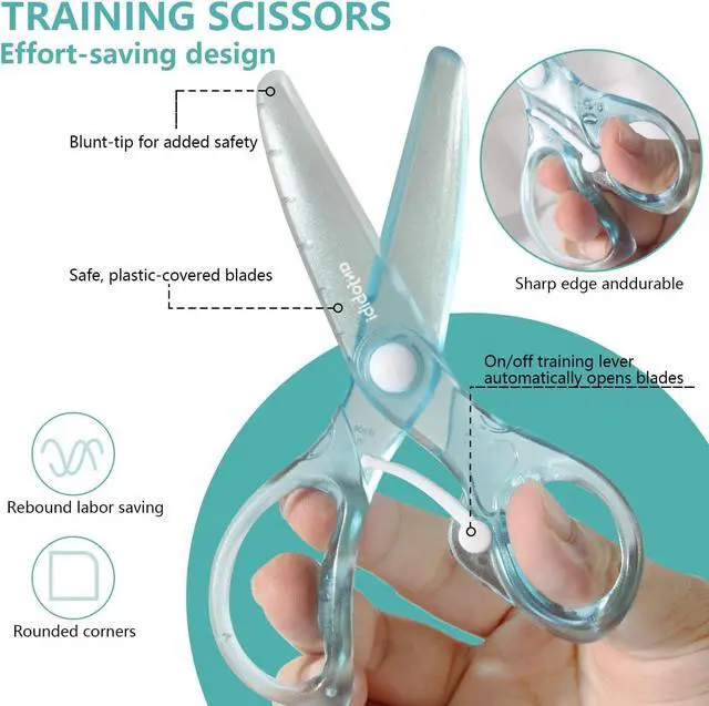 Alt view image 2 of 5 - Starter Scissors for Kids(2 Pack),Pre-School Training Scissors with Easy Grip,Anti-Pinch Design for Children's Paper Cutting, Ideal for Art Craft, Toddler Preschool (Blue+Pine)