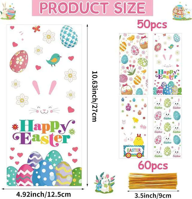 Alt view image 2 of 7 - ZYLOP 50 Pcs Easter Cellophane Treat Bags - 5 x 11 Inch Clear Easter Goodie Bags with 60 Gold Ties for Cookies, Snacks, Party Favors & Gift Packaging, 2.8 Mil Thick Plastic Easter Candy Bag for Kids