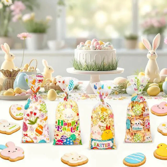 Alt view image 3 of 7 - ZYLOP 50 Pcs Easter Cellophane Treat Bags - 5 x 11 Inch Clear Easter Goodie Bags with 60 Gold Ties for Cookies, Snacks, Party Favors & Gift Packaging, 2.8 Mil Thick Plastic Easter Candy Bag for Kids