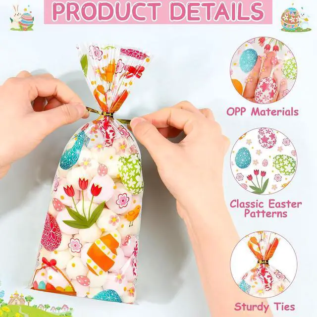 Alt view image 4 of 7 - ZYLOP 50 Pcs Easter Cellophane Treat Bags - 5 x 11 Inch Clear Easter Goodie Bags with 60 Gold Ties for Cookies, Snacks, Party Favors & Gift Packaging, 2.8 Mil Thick Plastic Easter Candy Bag for Kids