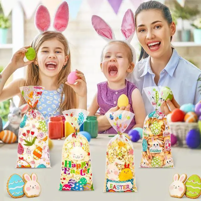 Alt view image 5 of 7 - ZYLOP 50 Pcs Easter Cellophane Treat Bags - 5 x 11 Inch Clear Easter Goodie Bags with 60 Gold Ties for Cookies, Snacks, Party Favors & Gift Packaging, 2.8 Mil Thick Plastic Easter Candy Bag for Kids
