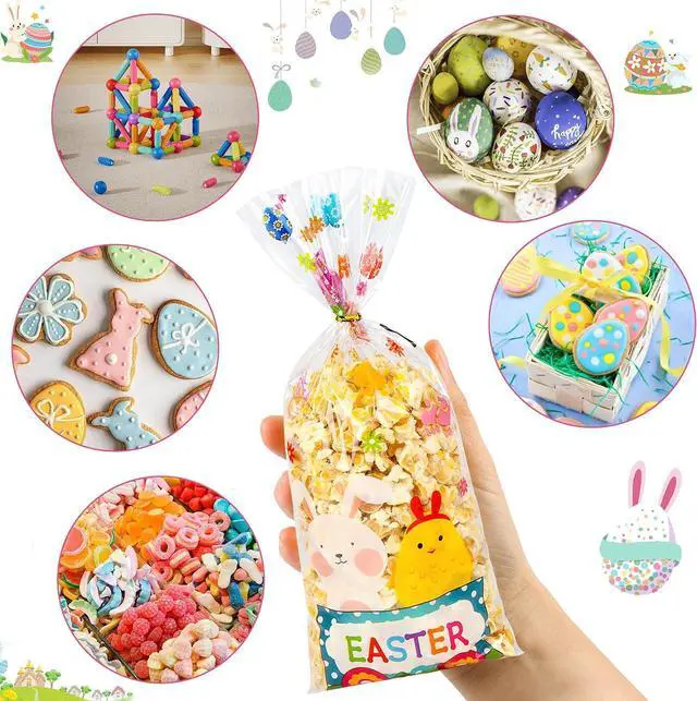 Alt view image 7 of 7 - ZYLOP 50 Pcs Easter Cellophane Treat Bags - 5 x 11 Inch Clear Easter Goodie Bags with 60 Gold Ties for Cookies, Snacks, Party Favors & Gift Packaging, 2.8 Mil Thick Plastic Easter Candy Bag for Kids