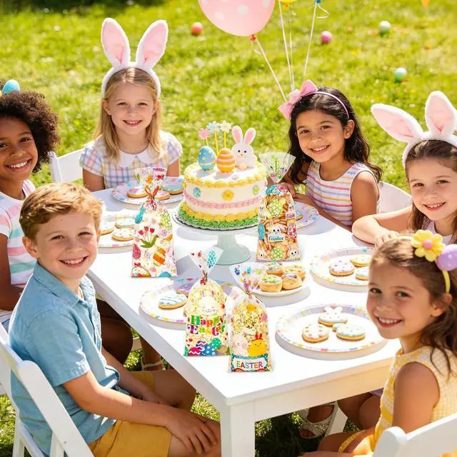 Alt view image 6 of 7 - ZYLOP 50 Pcs Easter Cellophane Treat Bags - 5 x 11 Inch Clear Easter Goodie Bags with 60 Gold Ties for Cookies, Snacks, Party Favors & Gift Packaging, 2.8 Mil Thick Plastic Easter Candy Bag for Kids