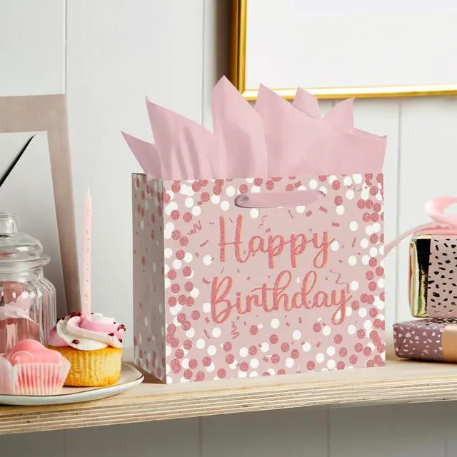 Alt view image 2 of 6 - Horaldaily Large Birthday Gift Paper Bags with Tissue Paper and Card (1PcsPink)