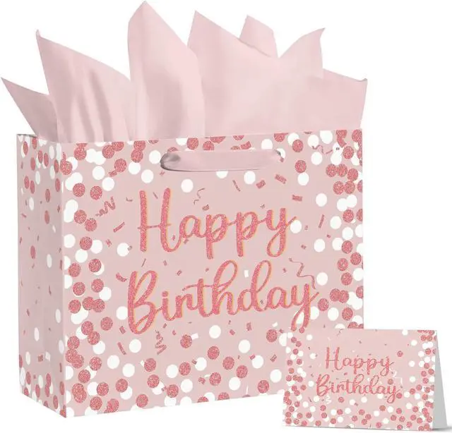 Main image of Horaldaily Large Birthday Gift Paper Bags with Tissue Paper and Card (1PcsPink)