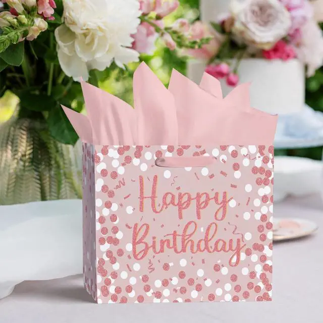 Alt view image 4 of 6 - Horaldaily Large Birthday Gift Paper Bags with Tissue Paper and Card (1PcsPink)