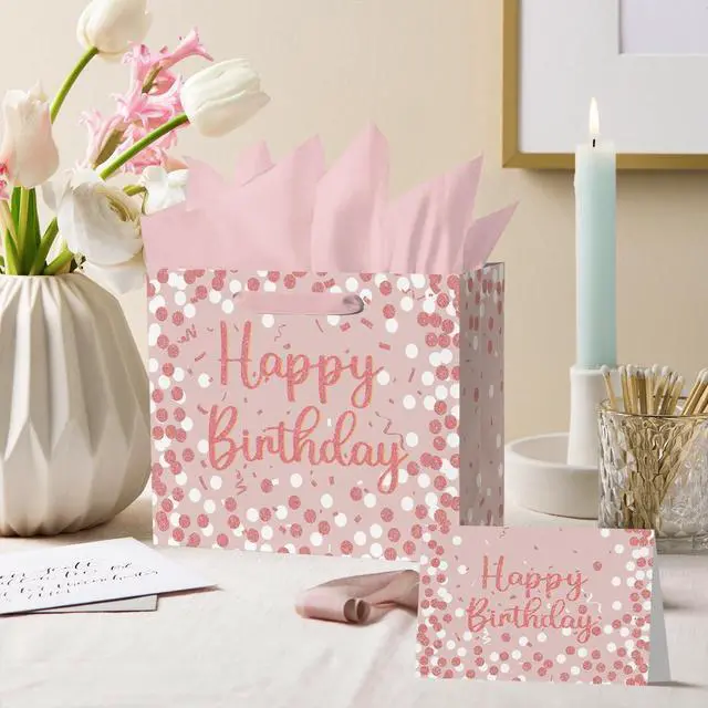 Alt view image 3 of 6 - Horaldaily Large Birthday Gift Paper Bags with Tissue Paper and Card (1PcsPink)