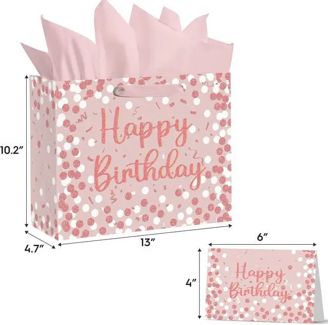 Alt view image 5 of 6 - Horaldaily Large Birthday Gift Paper Bags with Tissue Paper and Card (1PcsPink)