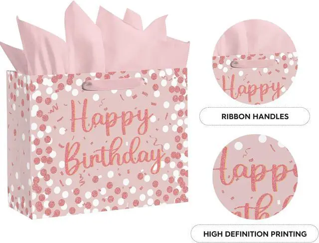 Alt view image 6 of 6 - Horaldaily Large Birthday Gift Paper Bags with Tissue Paper and Card (1PcsPink)