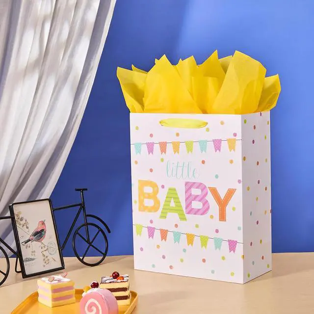 Alt view image 2 of 7 - SUNCOLOR Large Gift Bag for Baby Shower with Tissue Paper, White Paper Bag with Colorful Banner Design, 13x10.2x4.7 Inches, Includes Card and Yellow Tissue Paper