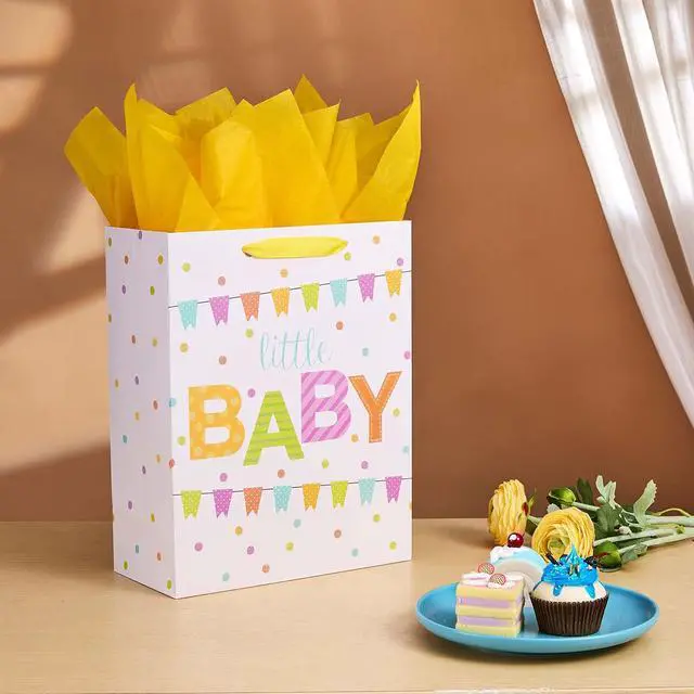 Alt view image 6 of 7 - SUNCOLOR Large Gift Bag for Baby Shower with Tissue Paper, White Paper Bag with Colorful Banner Design, 13x10.2x4.7 Inches, Includes Card and Yellow Tissue Paper