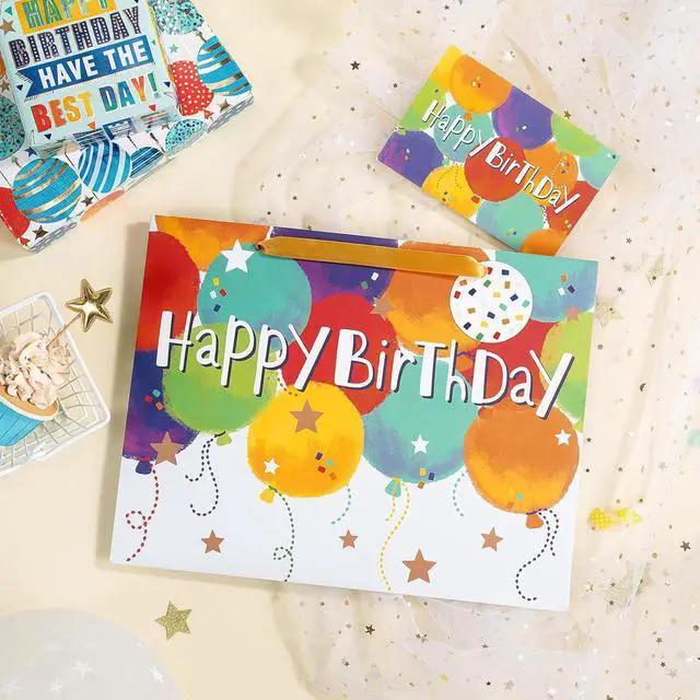 Alt view image 4 of 7 - Loveinside Colorful Birthday Gift Bag, Balloons Pattern with HAPPY BIRTHDAY Text, Matching Tissue Paper, Greeting Card and Tag, Ideal for Kids' Birthday Gifts, 13" x 5" x 10", 1 Pcs