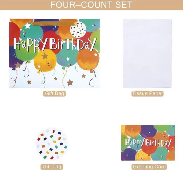 Alt view image 6 of 7 - Loveinside Colorful Birthday Gift Bag, Balloons Pattern with HAPPY BIRTHDAY Text, Matching Tissue Paper, Greeting Card and Tag, Ideal for Kids' Birthday Gifts, 13" x 5" x 10", 1 Pcs