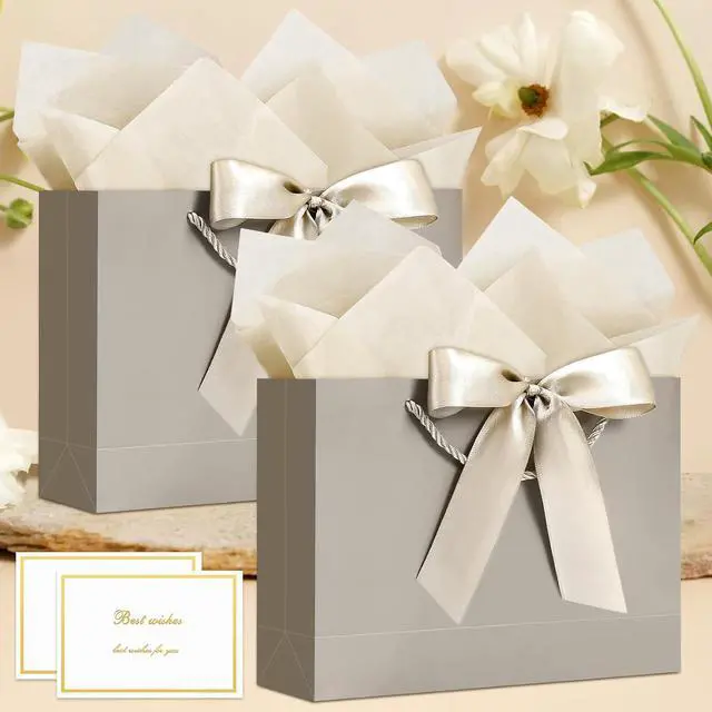 Alt view image 5 of 7 - YoungTree Gift Bags with Handles, 12.6" Medium Gift Bag with 2 Tissue Paper and 1 Card for Graduation Wedding Baby Shower Bridal Shower Engagement Anniversary Birthday Party (Champagne)