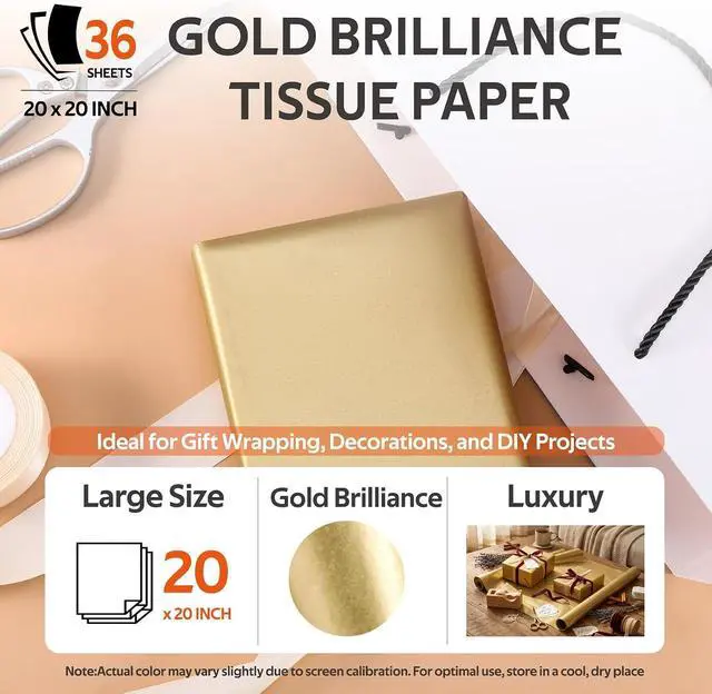 Alt view image 2 of 6 - SUNCOLOR 36 Sheets Gold Tissue Paper for Gift Bags, 20 x 20 Inch Shiny Metallic Wrapping Paper for Christmas Weddings Birthdays and Crafts