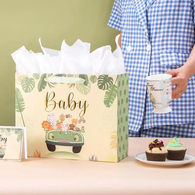 Alt view image 4 of 6 - Bobobag 13" Sage green Gift Bag for Baby shower,Newborn gift bag with Tissue Paper and Greeting Card.