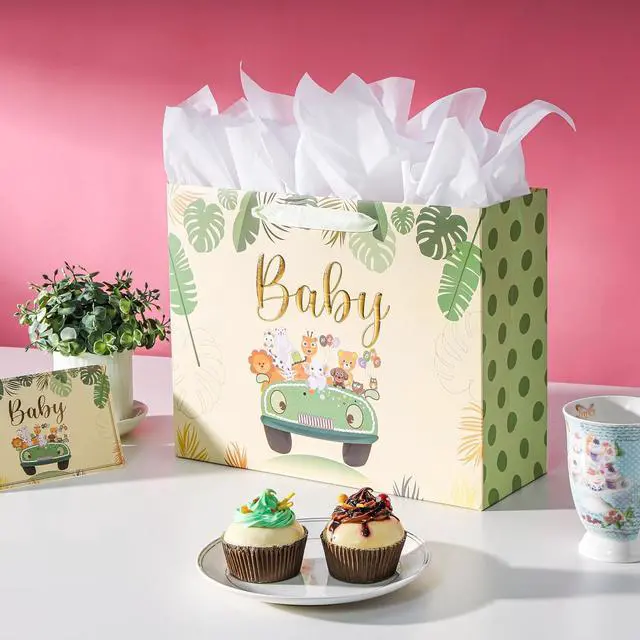 Alt view image 5 of 6 - Bobobag 13" Sage green Gift Bag for Baby shower,Newborn gift bag with Tissue Paper and Greeting Card.