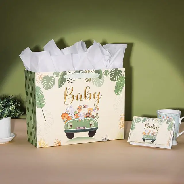 Alt view image 6 of 6 - Bobobag 13" Sage green Gift Bag for Baby shower,Newborn gift bag with Tissue Paper and Greeting Card.