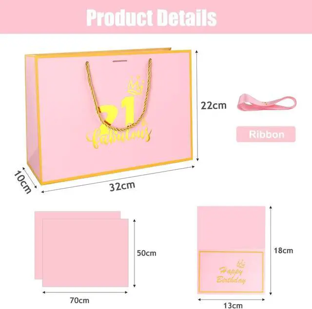 Alt view image 2 of 5 - Dimetey 12.6Inch 21th Birthday Gift Bag with gift Card and Tissue Paper for Girl's 21th Birthday Supplies (Pink 21th)