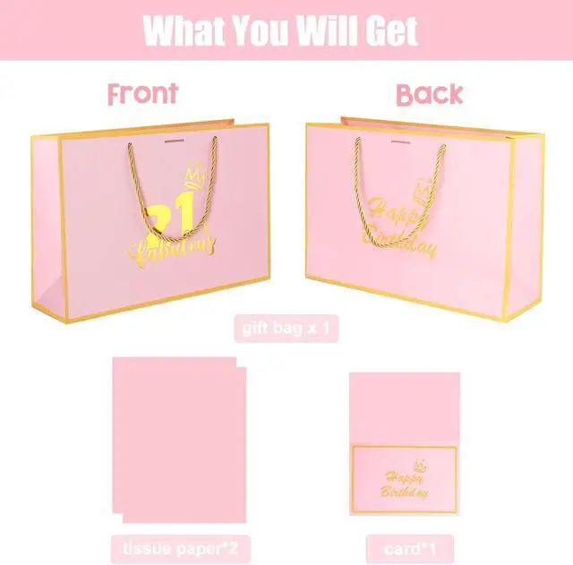 Alt view image 3 of 5 - Dimetey 12.6Inch 21th Birthday Gift Bag with gift Card and Tissue Paper for Girl's 21th Birthday Supplies (Pink 21th)