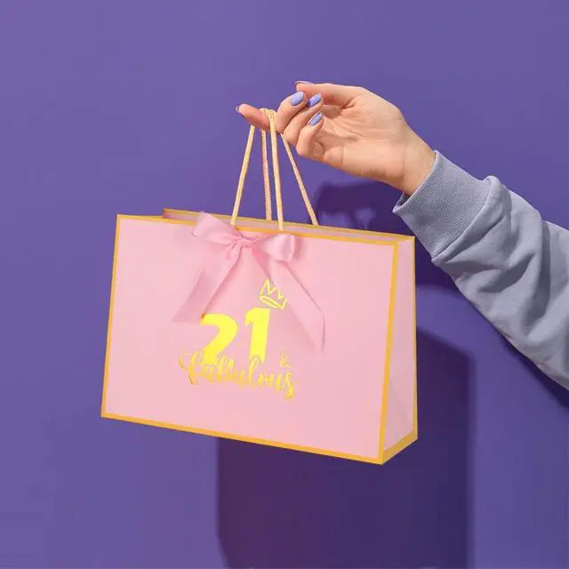 Alt view image 5 of 5 - Dimetey 12.6Inch 21th Birthday Gift Bag with gift Card and Tissue Paper for Girl's 21th Birthday Supplies (Pink 21th)