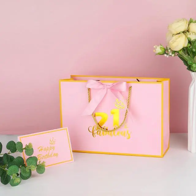 Alt view image 4 of 5 - Dimetey 12.6Inch 21th Birthday Gift Bag with gift Card and Tissue Paper for Girl's 21th Birthday Supplies (Pink 21th)
