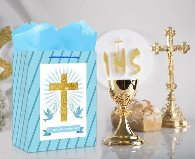 Alt view image 3 of 7 - BIZIBAFF First Communion Gifts Bag for Boys Girls - 13" Baptism Gifts Bag with Tissue Paper Easter Religious Christian Gift Bag Christenings Confirmations Gifts for Baby Boys Girls