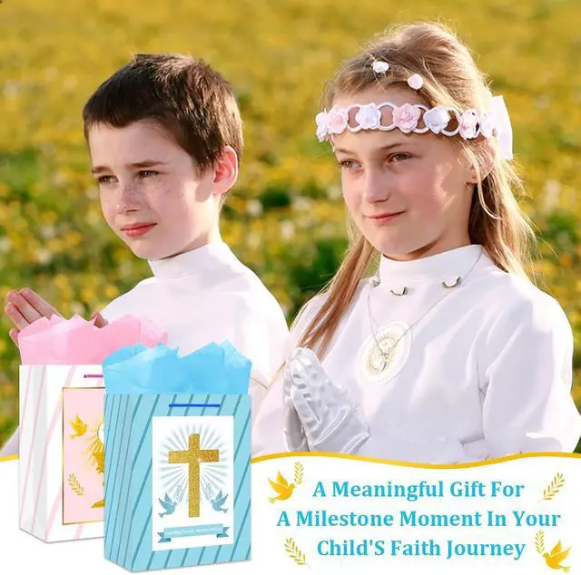 Alt view image 2 of 7 - BIZIBAFF First Communion Gifts Bag for Boys Girls - 13" Baptism Gifts Bag with Tissue Paper Easter Religious Christian Gift Bag Christenings Confirmations Gifts for Baby Boys Girls