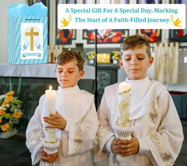 Alt view image 5 of 7 - BIZIBAFF First Communion Gifts Bag for Boys Girls - 13" Baptism Gifts Bag with Tissue Paper Easter Religious Christian Gift Bag Christenings Confirmations Gifts for Baby Boys Girls